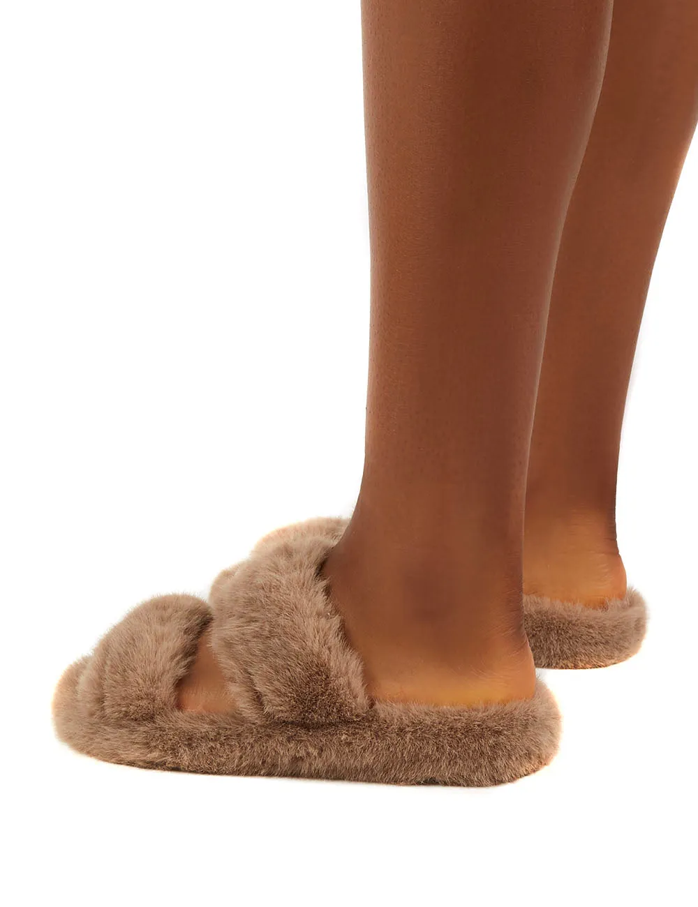 Teddi Tan Fluffy Double Strap Slider Faux Fur Slipper