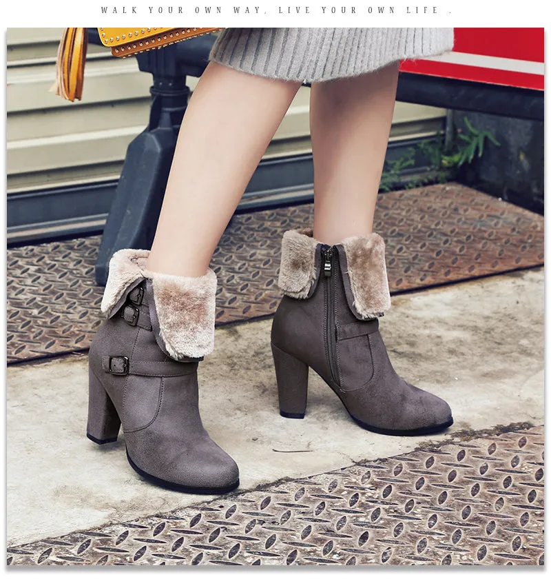 Trendy Thick Plush Snow Ankle Boots Women Keep Warm Winter Boots Buckle Strap Side Zipper Thick High Heels Shoes Woman