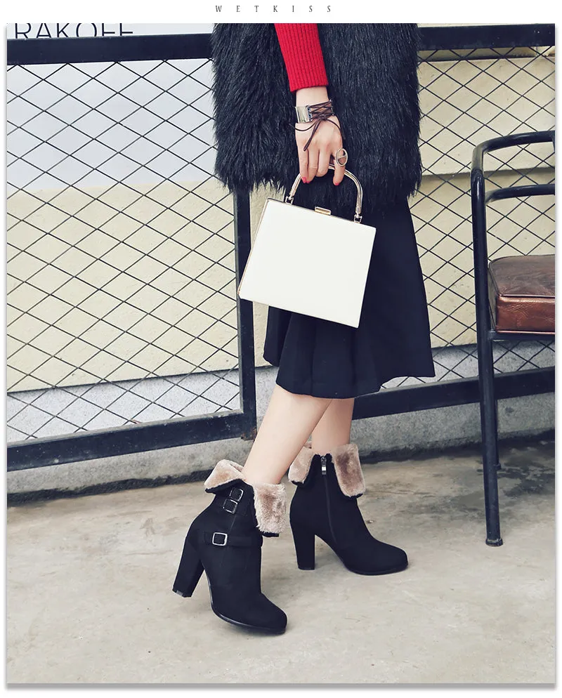 Trendy Thick Plush Snow Ankle Boots Women Keep Warm Winter Boots Buckle Strap Side Zipper Thick High Heels Shoes Woman