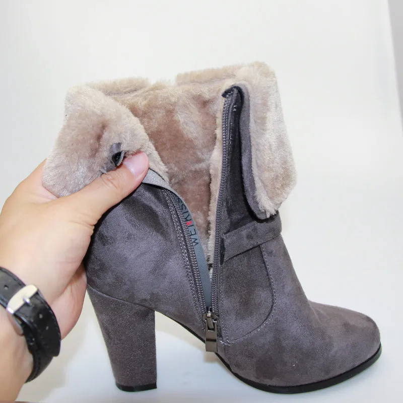 Trendy Thick Plush Snow Ankle Boots Women Keep Warm Winter Boots Buckle Strap Side Zipper Thick High Heels Shoes Woman