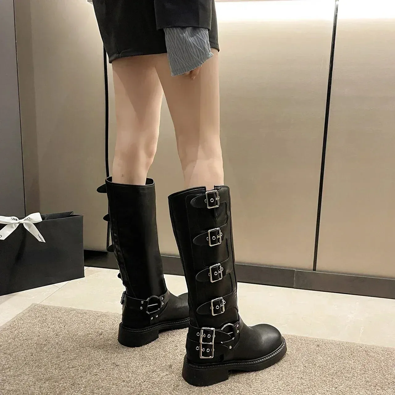 Uniwim Woman Boots Knee High Platform Elegant Low Heel Trend Punk Gothic New Rock Leather Fashion Women's Shoes Motorcycle Footwear