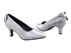 Very Fine SERA5512 Ladies Satin Ballroom Dance Shoe with Stones and Bow on Back of Heel Available in Gray, White, and Black