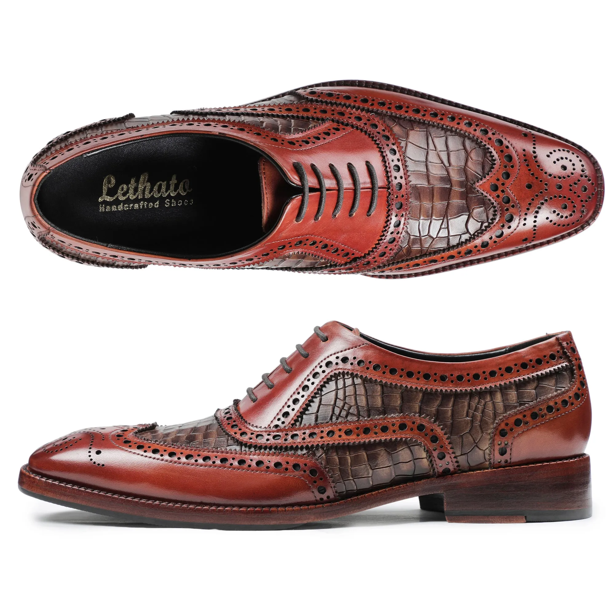 Wingtip Brogue Oxford- Croc Cognac