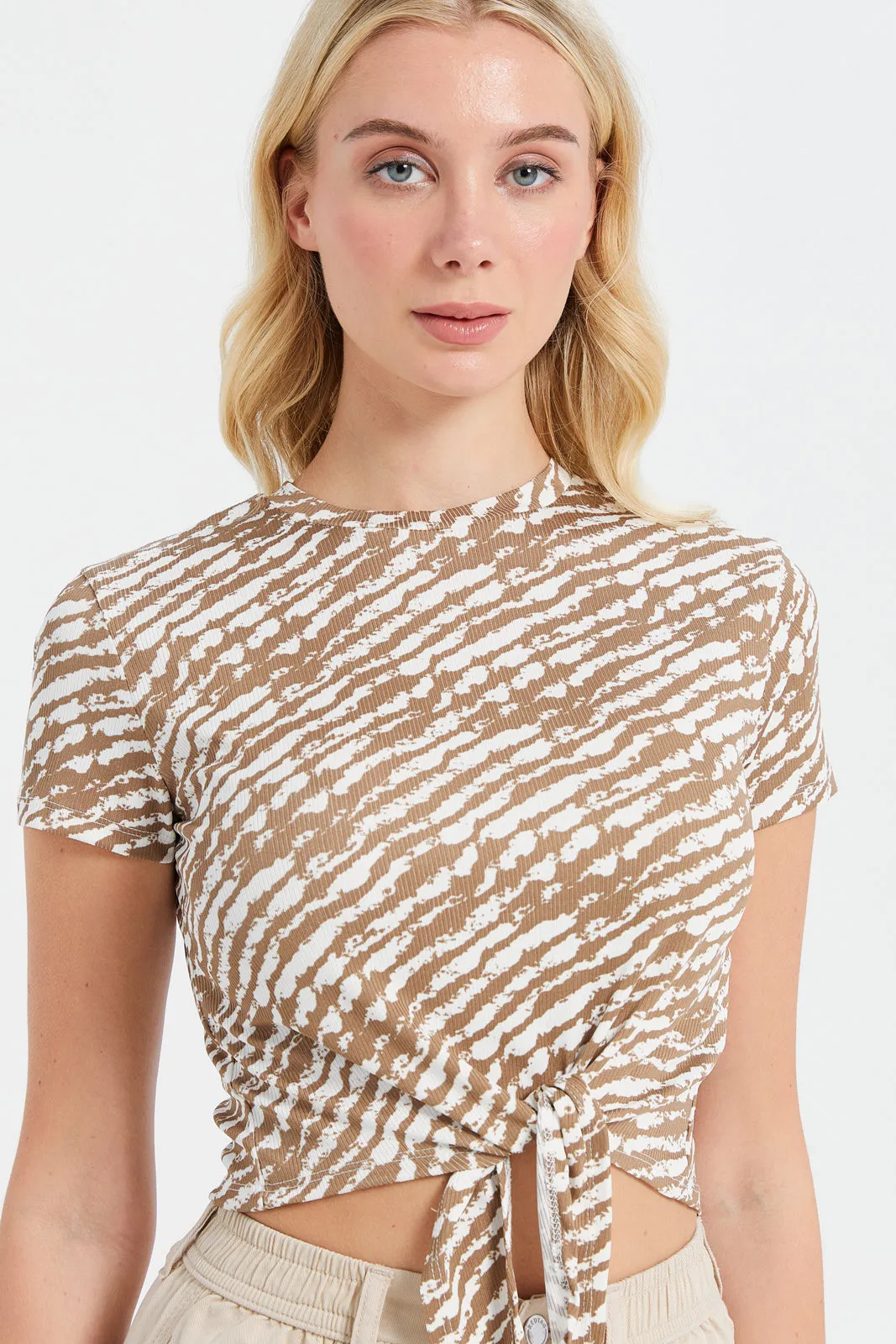 Woman Beige Printed Rib Top