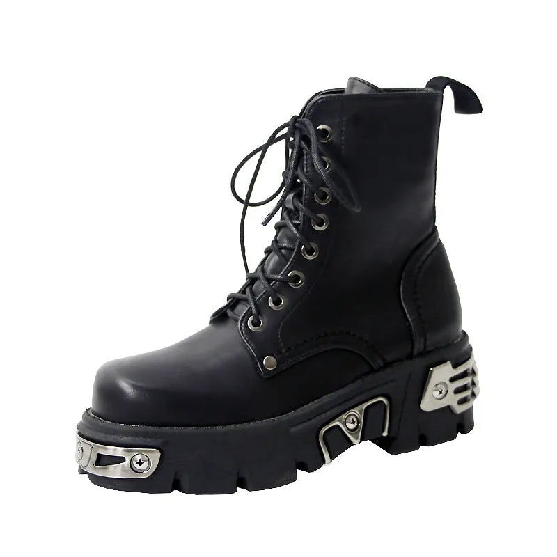 Women lace up chunky platform black short motorcycle boots