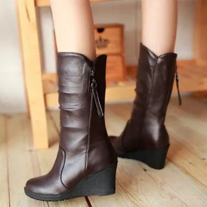 Women mid calf side zipper high heel wedge boots