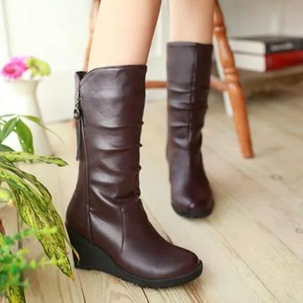 Women mid calf side zipper high heel wedge boots