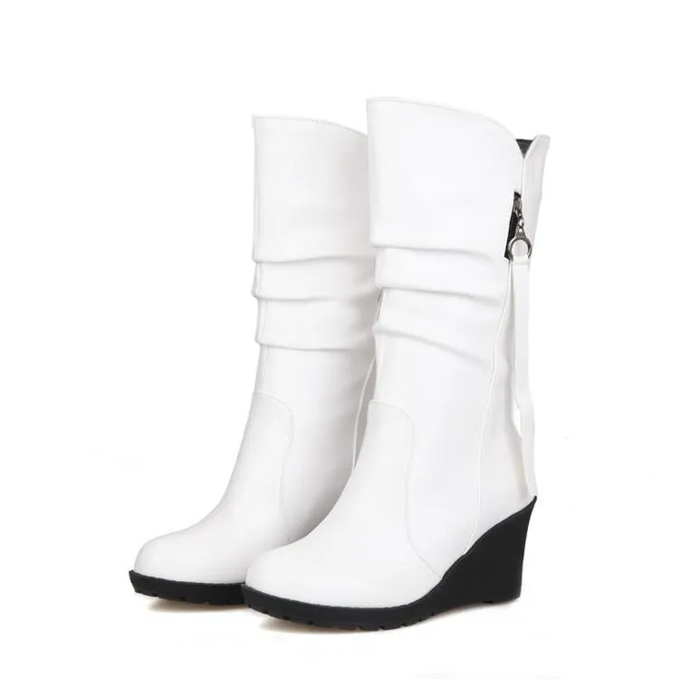 Women mid calf side zipper high heel wedge boots