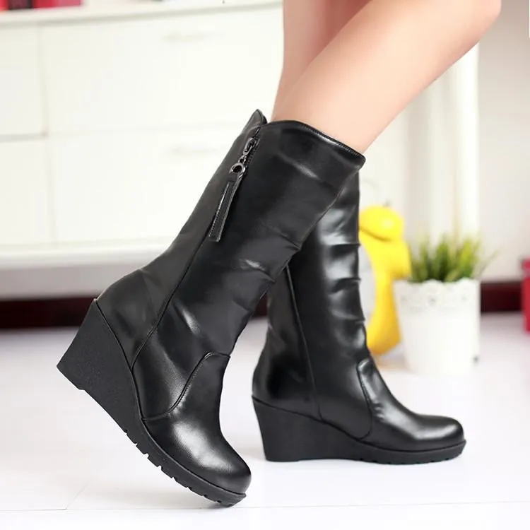 Women mid calf side zipper high heel wedge boots