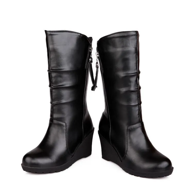 Women mid calf side zipper high heel wedge boots