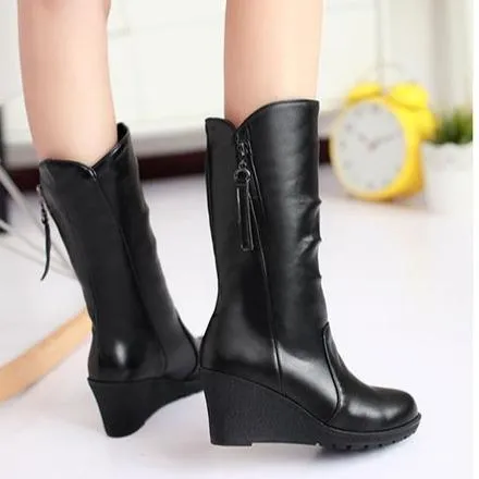 Women mid calf side zipper high heel wedge boots