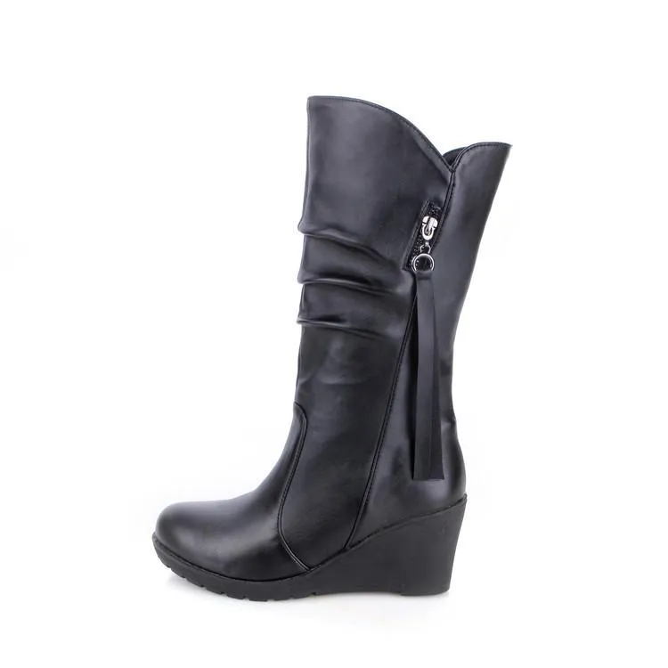 Women mid calf side zipper high heel wedge boots