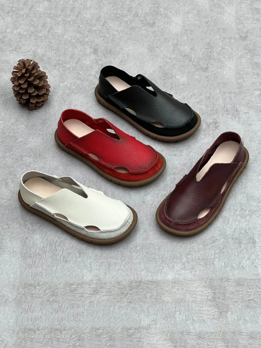 Women Retro Summer Solid Leather Hollow Out Flat Shoes