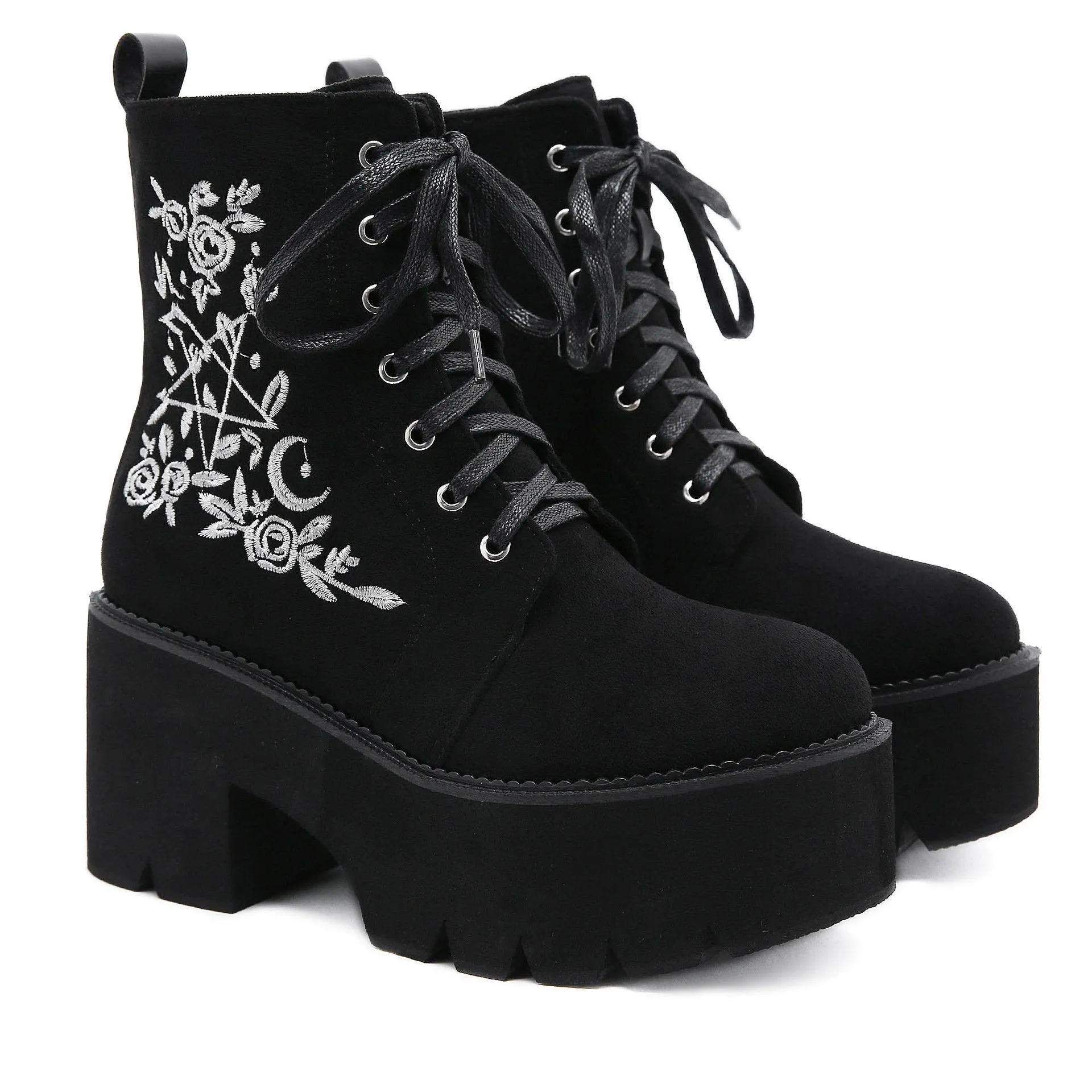 Womens ankle booties flower embroidered lace up black boots