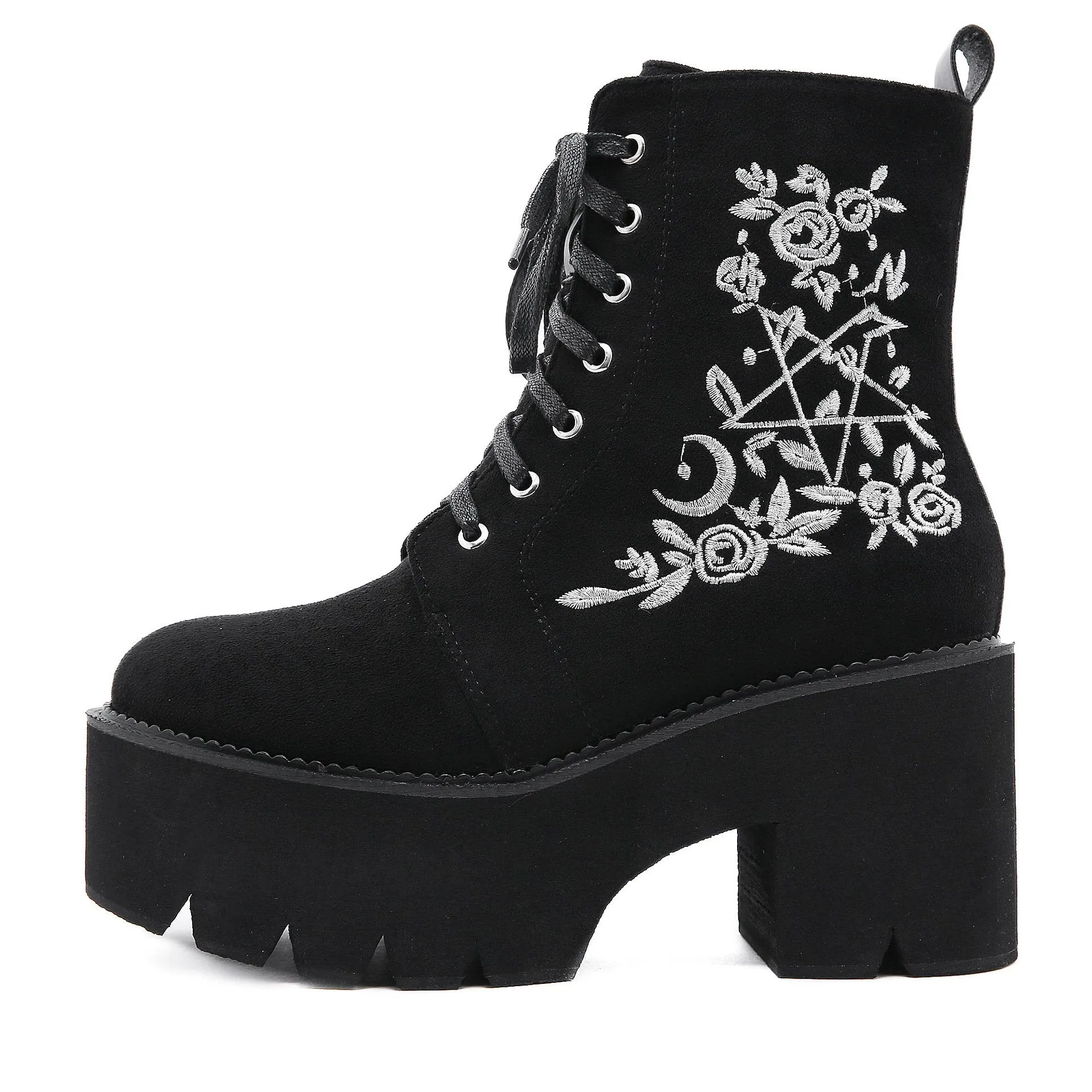 Womens ankle booties flower embroidered lace up black boots