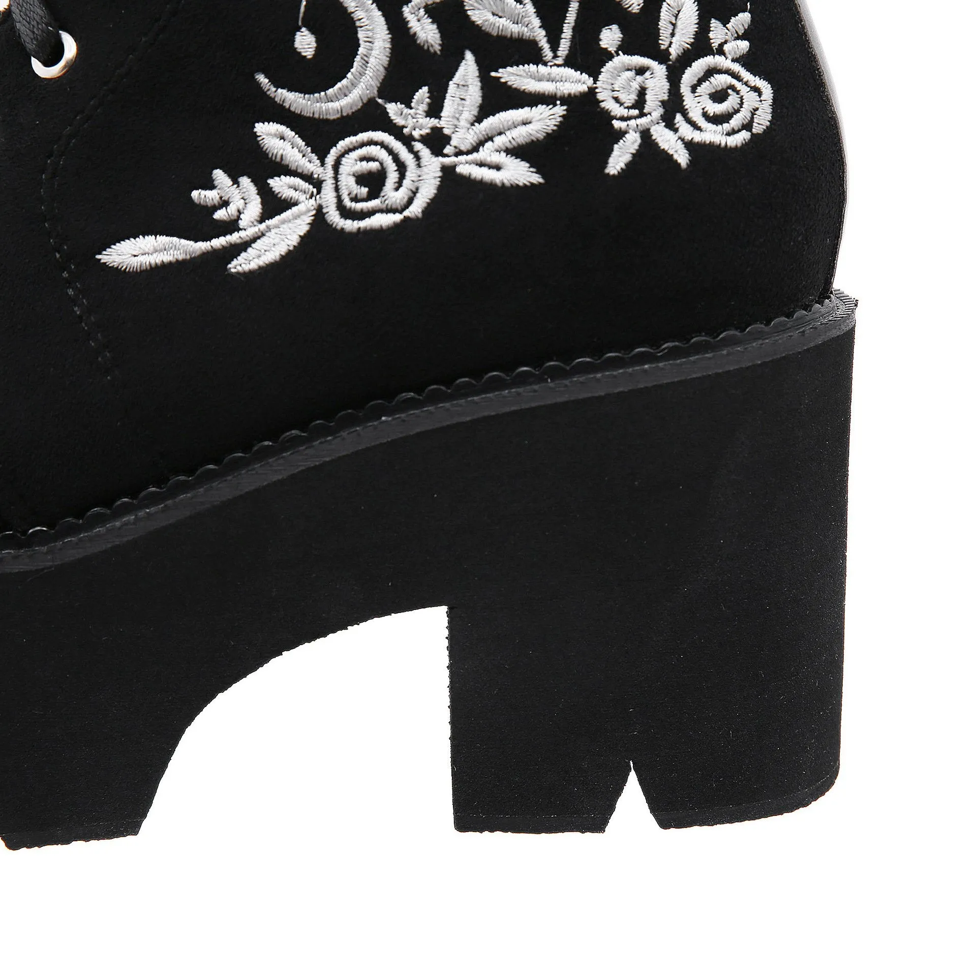 Womens ankle booties flower embroidered lace up black boots