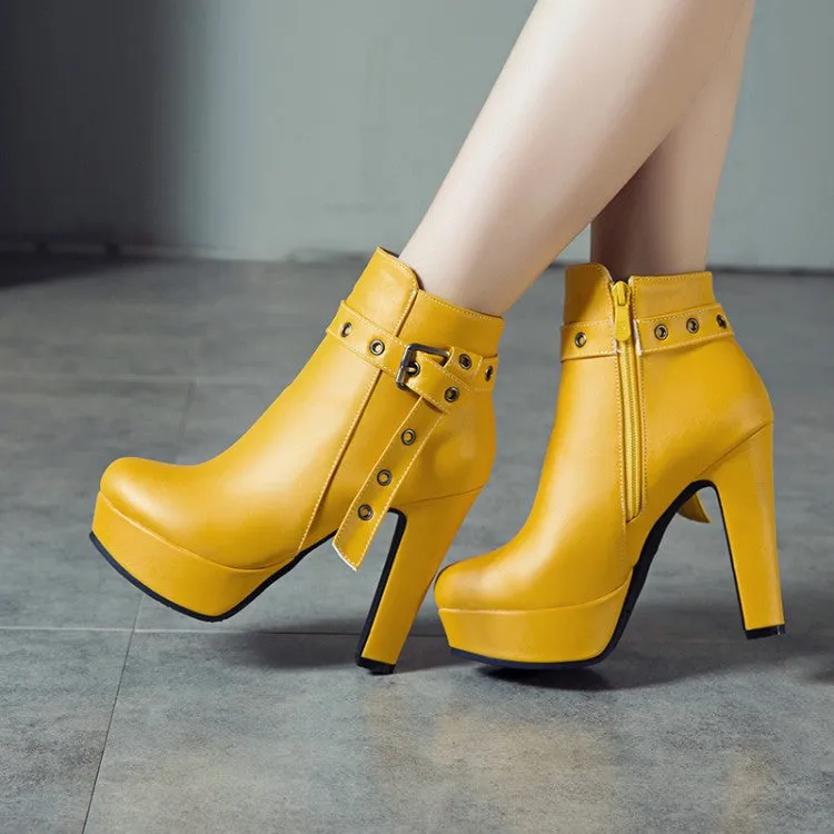 Women's Buckle Belt Platform High Heel Short Boots