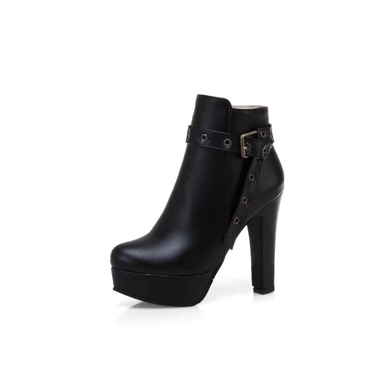 Women's Buckle Belt Platform High Heel Short Boots