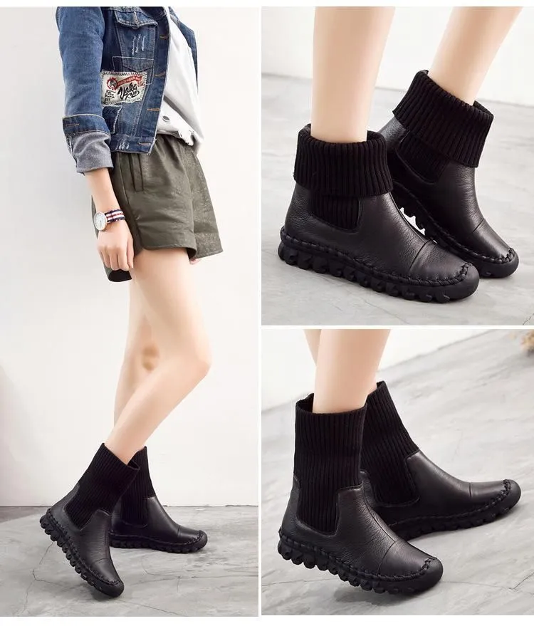 Women's Casual Shoes Brown Ankle Boots Handmade Velvet Flat