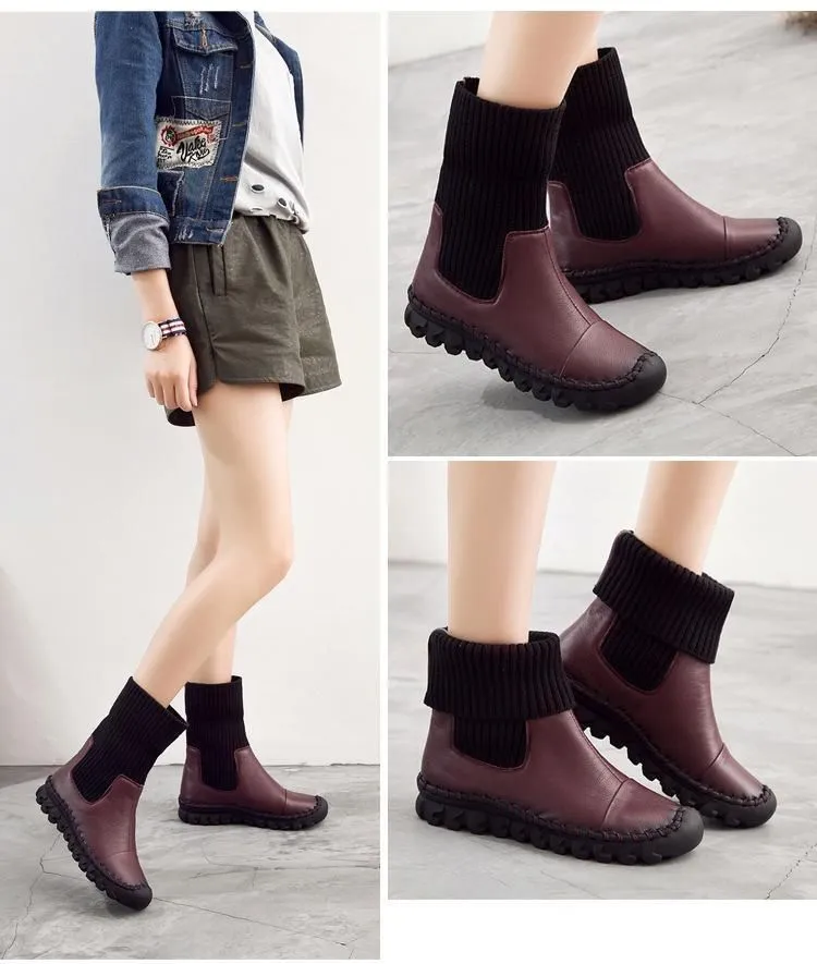 Women's Casual Shoes Brown Ankle Boots Handmade Velvet Flat