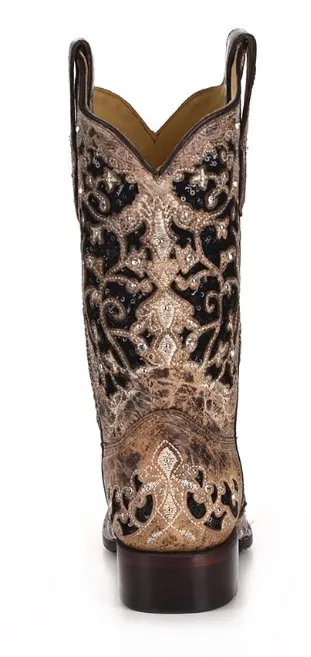 Women's Corral A3648 12" Brown Inlay & Flowered Embroidery & Studs/Crystals Square Toe (SHOP IN-STORE TOO)