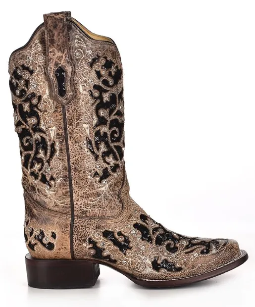 Women's Corral A3648 12" Brown Inlay & Flowered Embroidery & Studs/Crystals Square Toe (SHOP IN-STORE TOO)