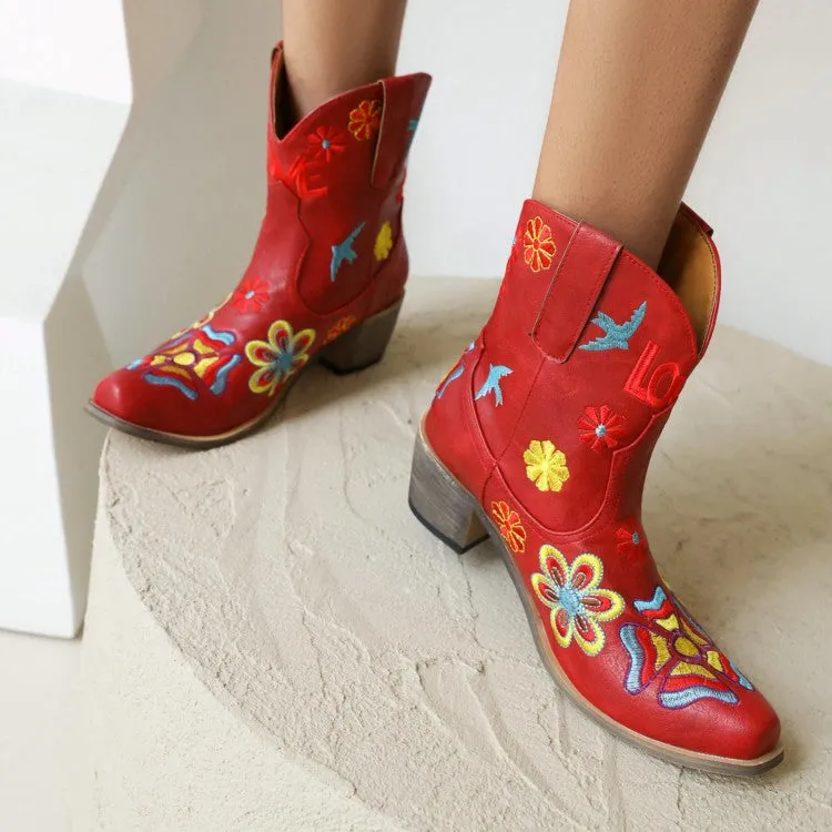 Women's Ethnic Embroidery Puppy Heel Cowboy Short Boots