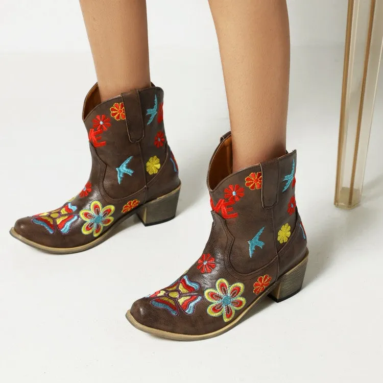 Women's Ethnic Embroidery Puppy Heel Cowboy Short Boots