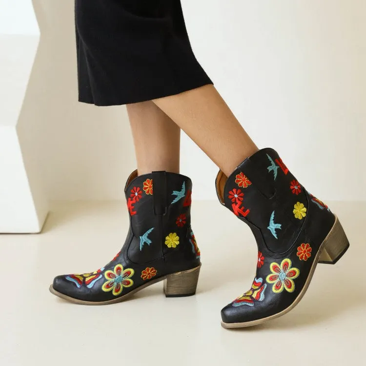 Women's Ethnic Embroidery Puppy Heel Cowboy Short Boots