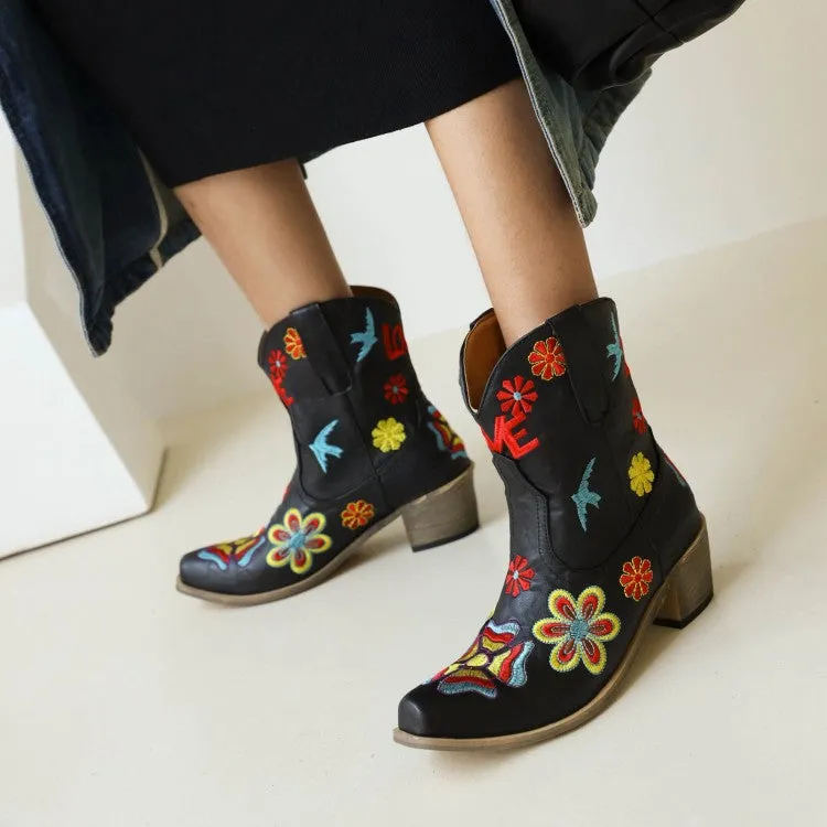 Women's Ethnic Embroidery Puppy Heel Cowboy Short Boots