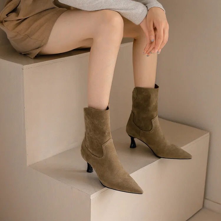 Women's Flock Pointed Toe Stitch Spool Heel Ankle Boots