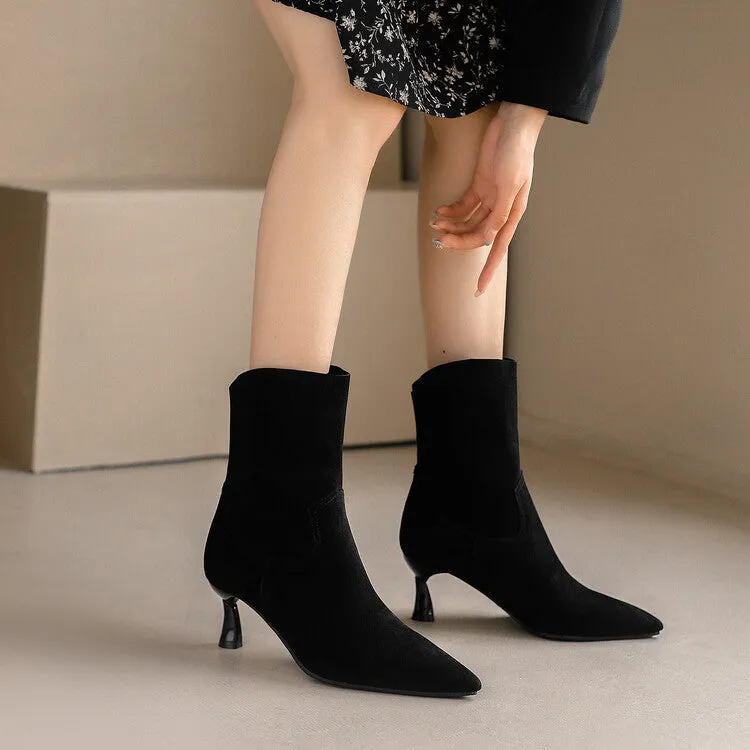 Women's Flock Pointed Toe Stitch Spool Heel Ankle Boots