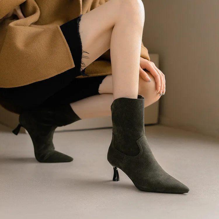 Women's Flock Pointed Toe Stitch Spool Heel Ankle Boots