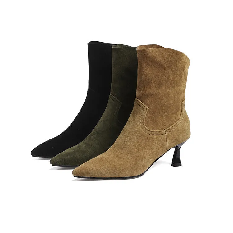 Women's Flock Pointed Toe Stitch Spool Heel Ankle Boots