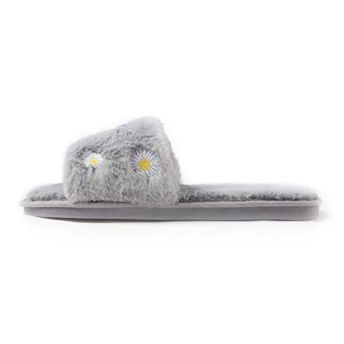 Women's Furry Slippers Fluffy Fur Slippers Daisy Open Toe House Slippers(Gray）