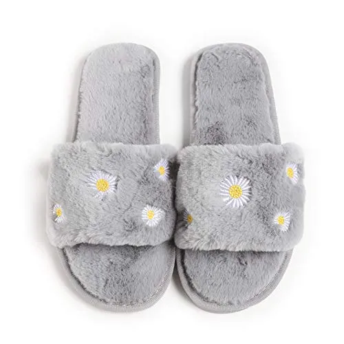 Women's Furry Slippers Fluffy Fur Slippers Daisy Open Toe House Slippers(Gray）