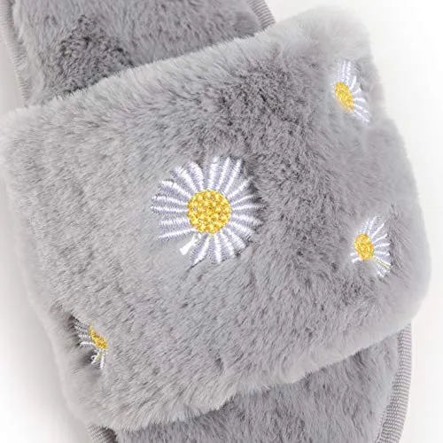 Women's Furry Slippers Fluffy Fur Slippers Daisy Open Toe House Slippers(Gray）