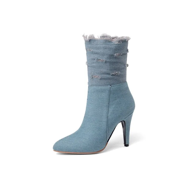 Women's Pointed Toe Denim High Heels Short Boots