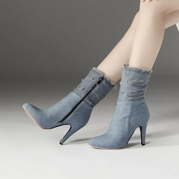 Women's Pointed Toe Denim High Heels Short Boots