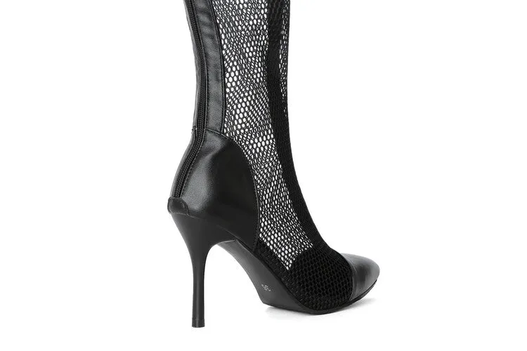 Women's Pointed Toe Mesh Stiletto Heel Knee High Boots