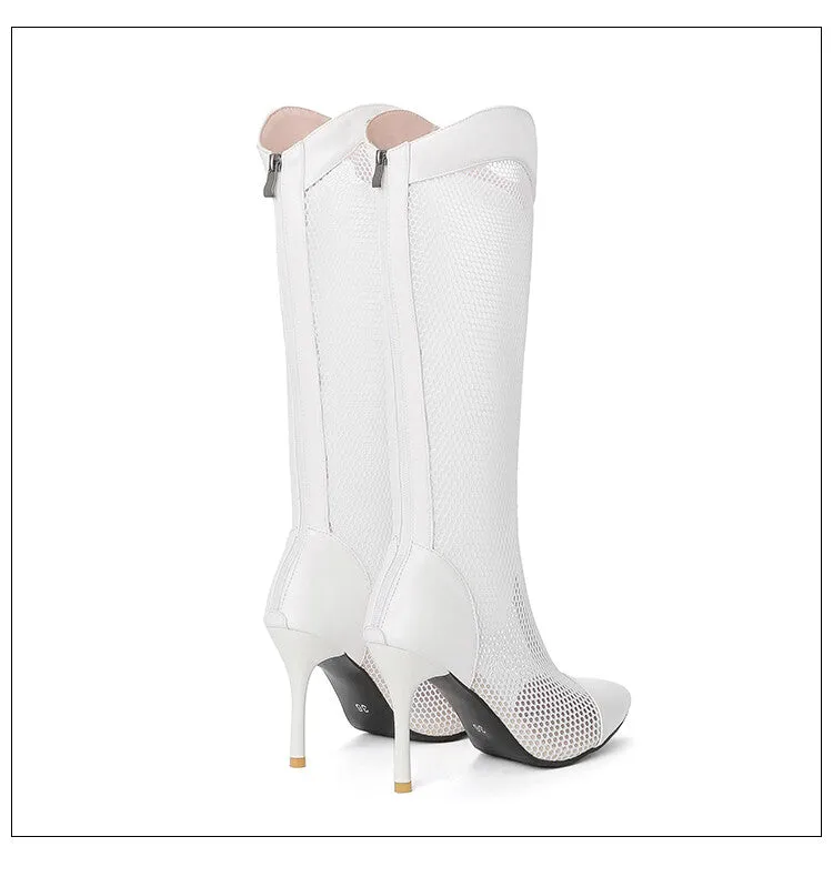 Women's Pointed Toe Mesh Stiletto Heel Knee High Boots