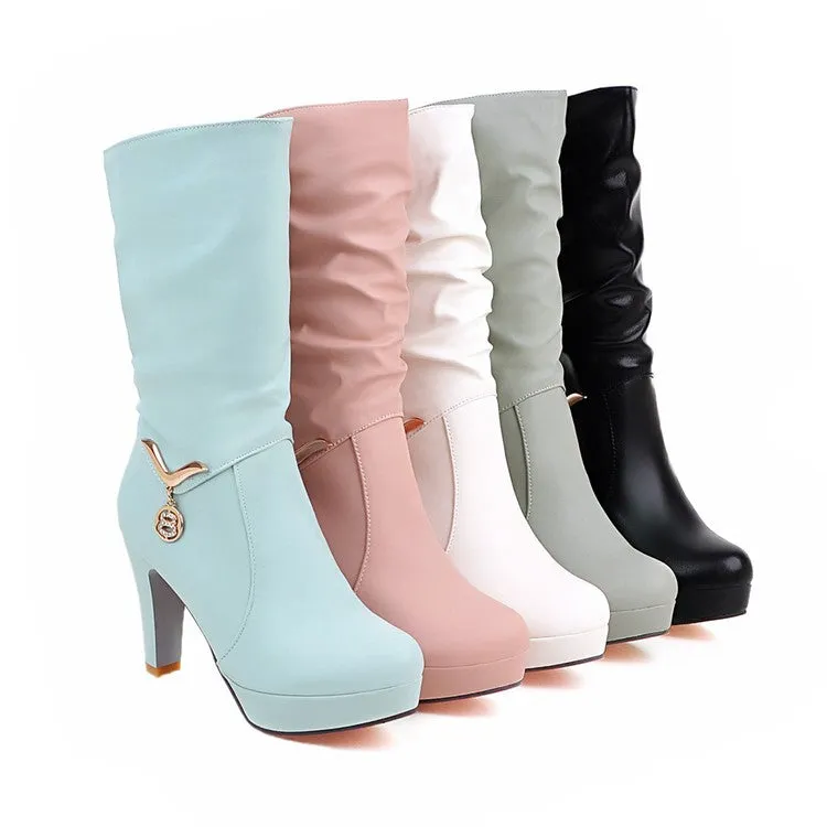 Women's Pu Leather Almond Toe Metal Rhinestone Pendants Block Chunky Heel Platform Mid Calf Boots