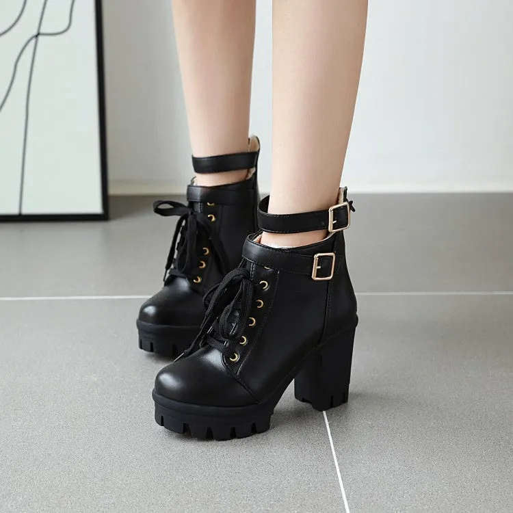 Women's Pu Leather Lace Up Belts Buckles Block Heel Platform Ankle Boots