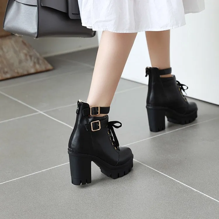 Women's Pu Leather Lace Up Belts Buckles Block Heel Platform Ankle Boots