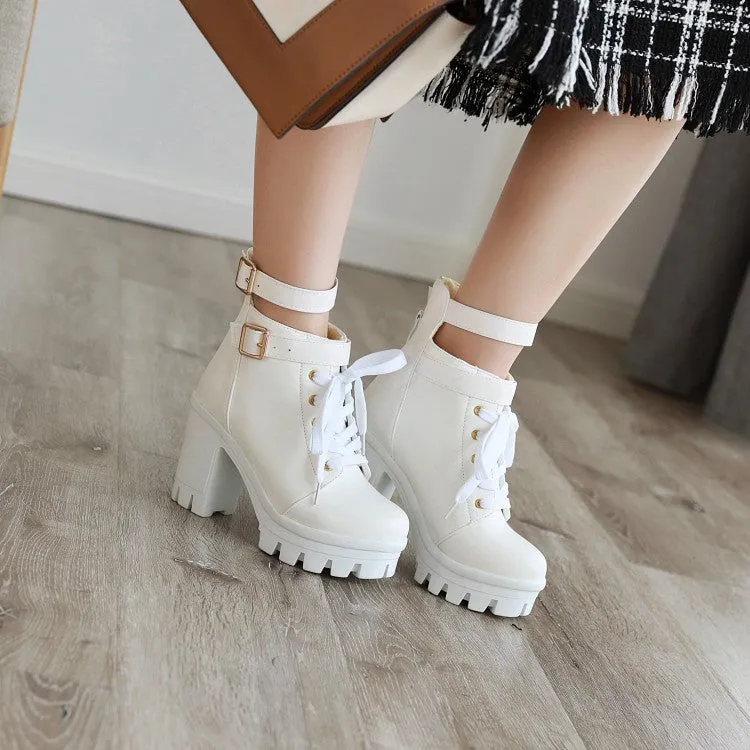 Women's Pu Leather Lace Up Belts Buckles Block Heel Platform Ankle Boots