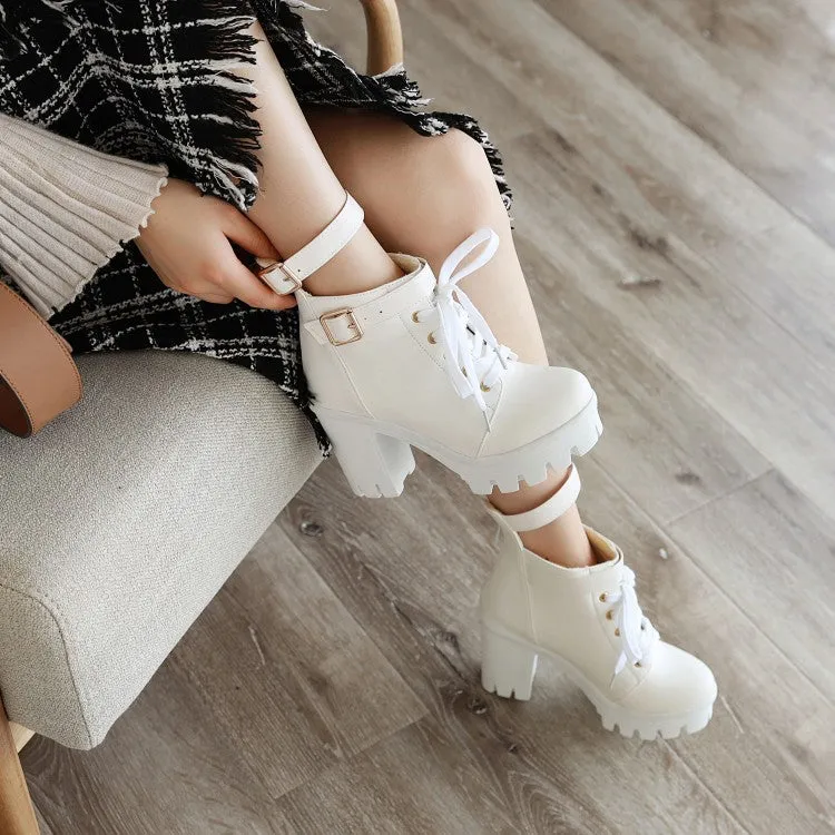 Women's Pu Leather Lace Up Belts Buckles Block Heel Platform Ankle Boots