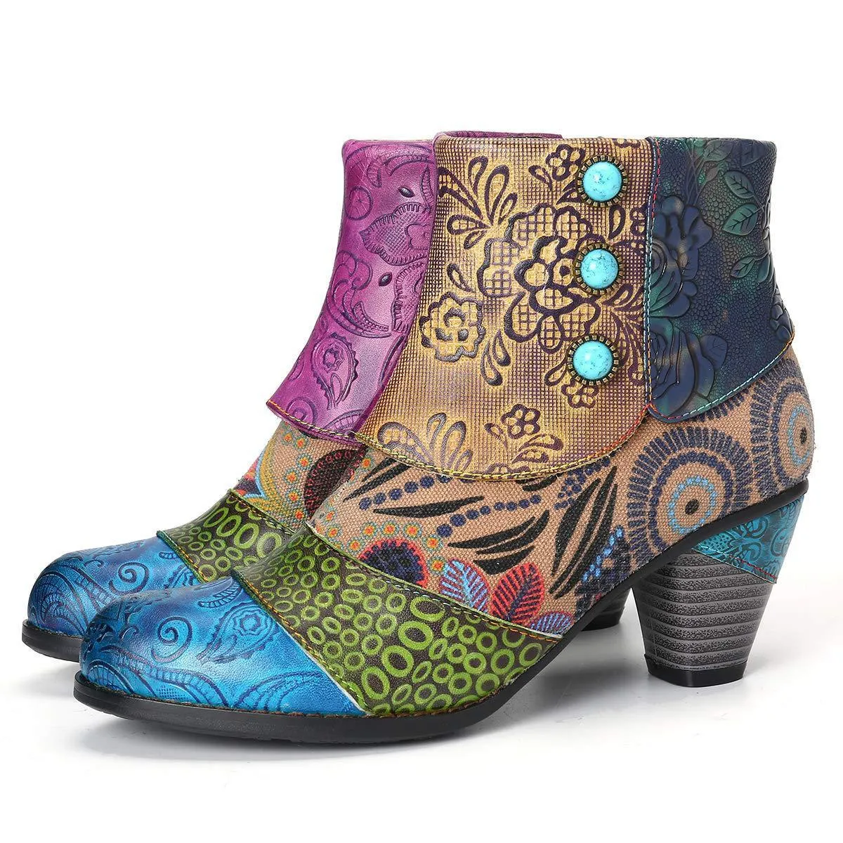 Women's retro flower print ankle booties ethnic patchwork zipper  booties