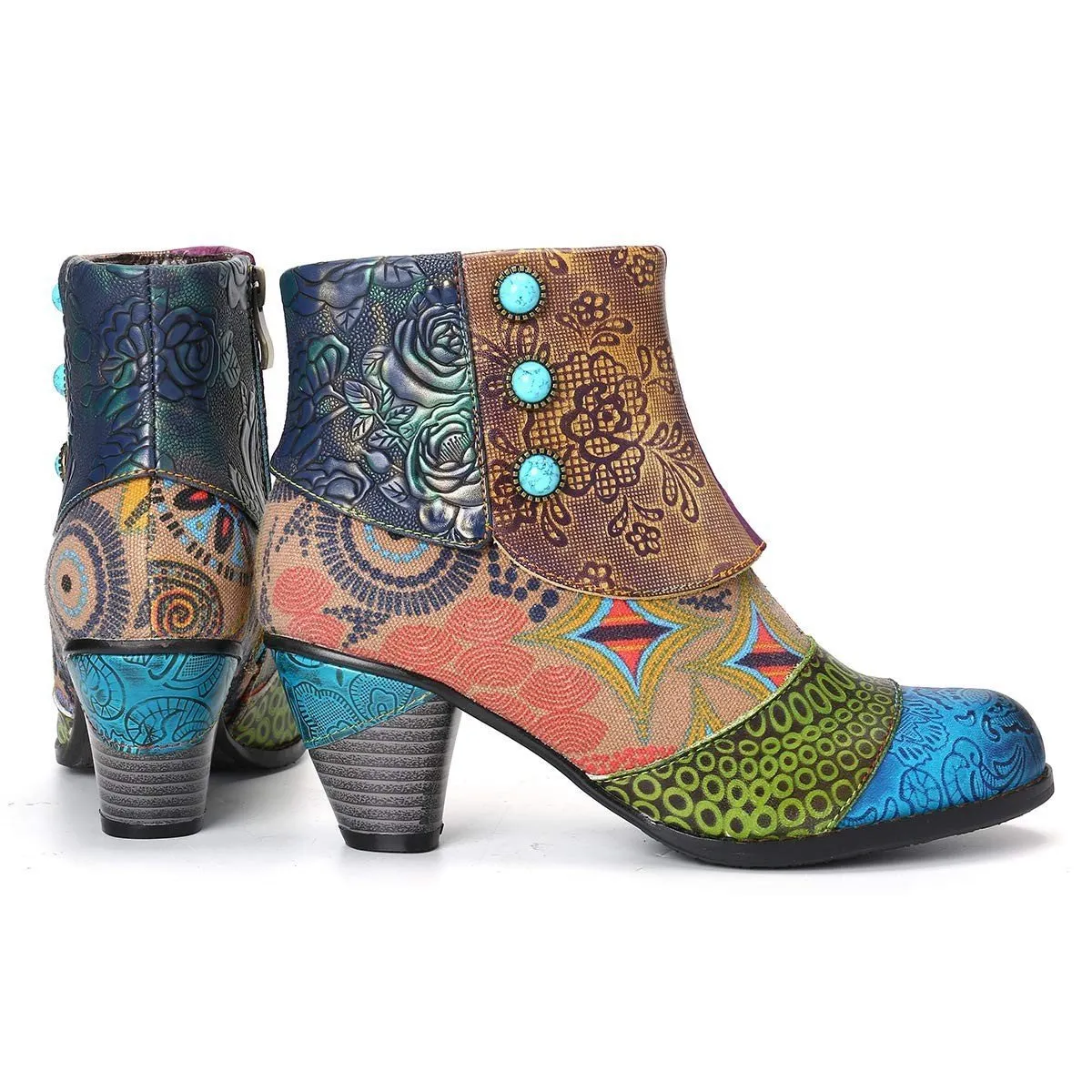 Women's retro flower print ankle booties ethnic patchwork zipper  booties