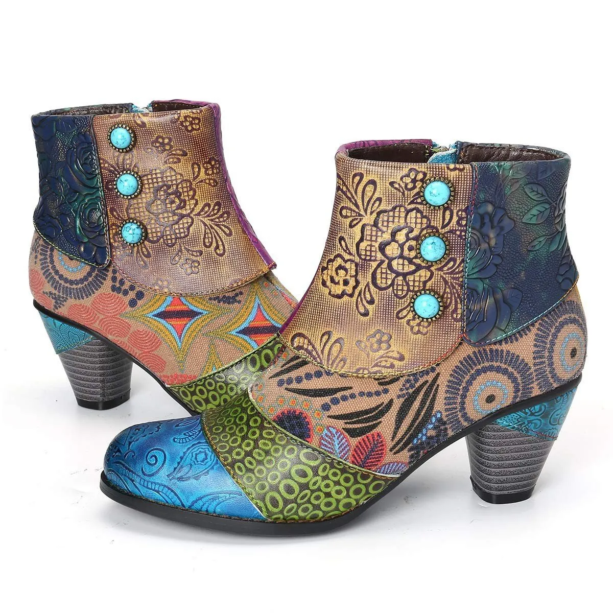 Women's retro flower print ankle booties ethnic patchwork zipper  booties