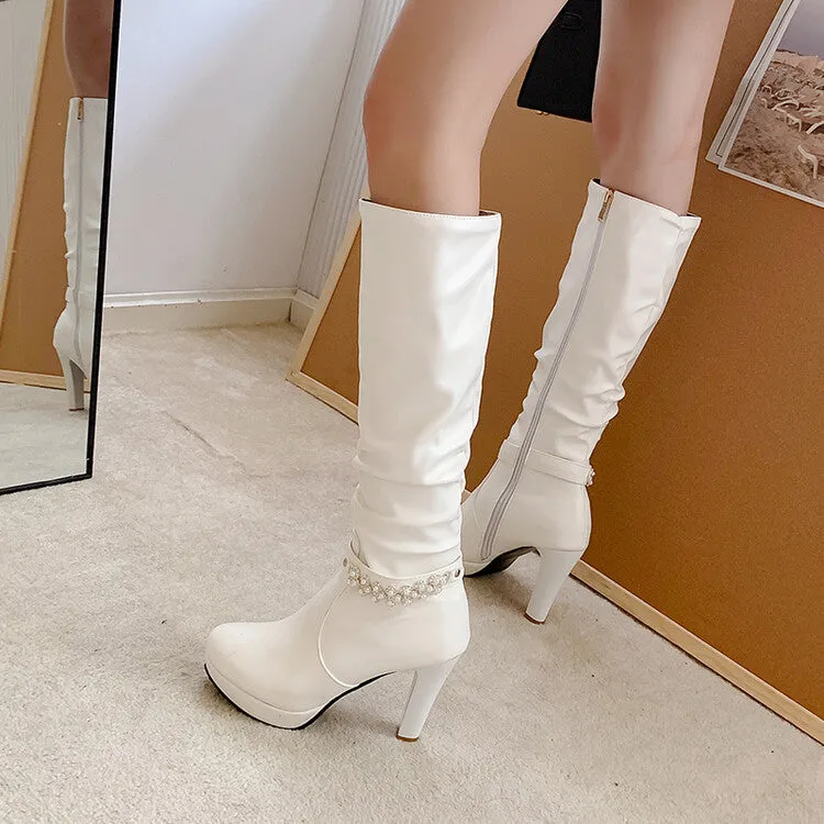 Women's Rhinestone Buckle Straps Side Zippers Block Chunky Heel Platform Knee High Boots